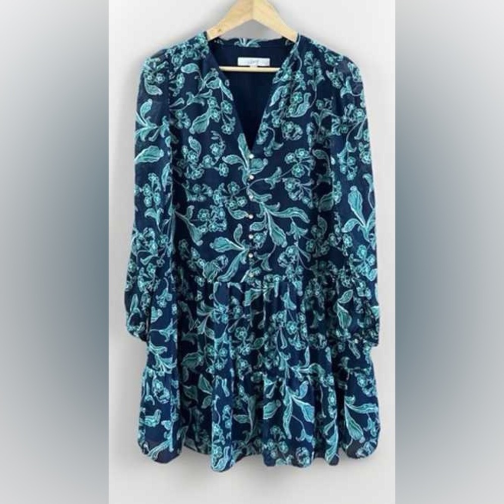LOFT Navy Floral Long Sleeve Tiered Dress - Size XS - Picture 2 of 8